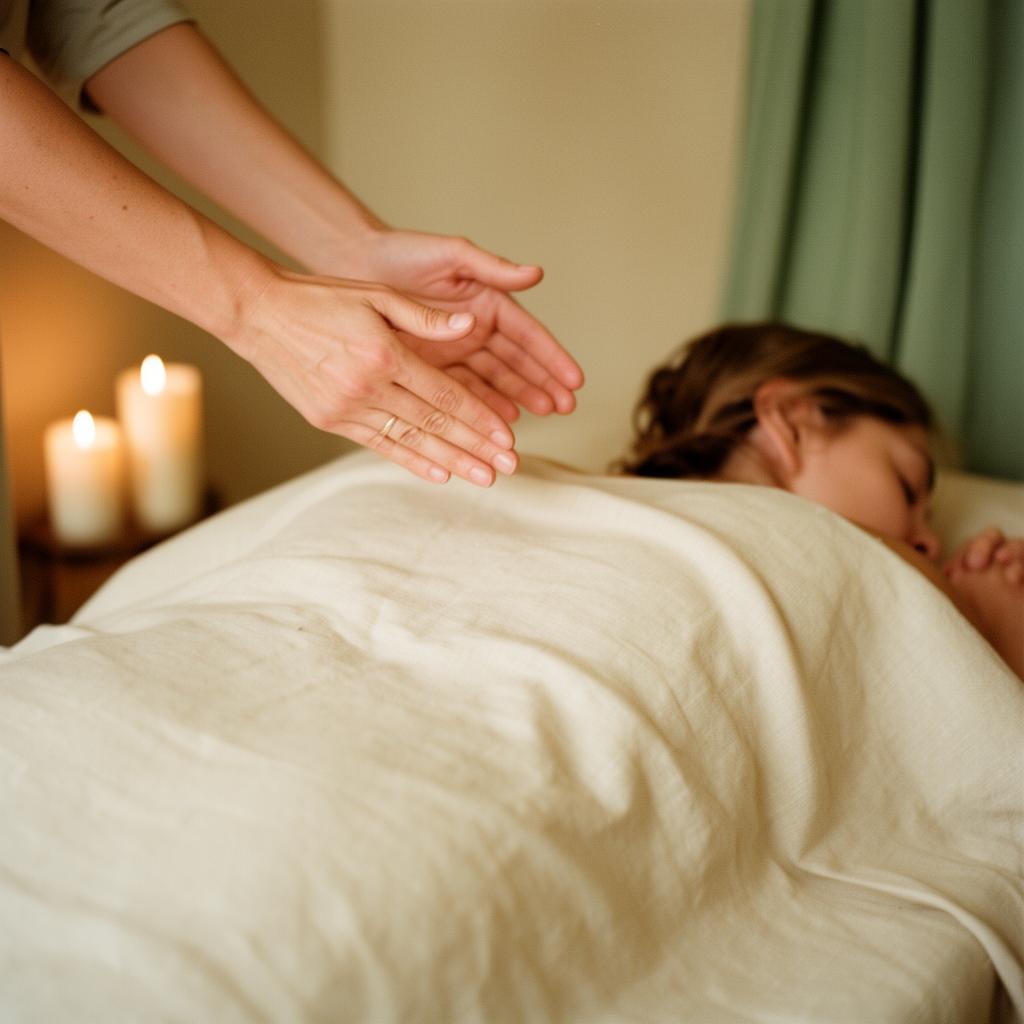 Hands hovering above a person resting under a soft linen blanket
