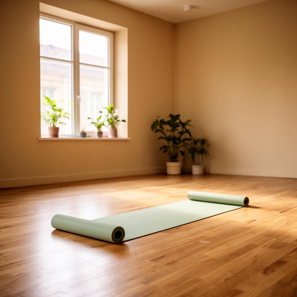 A calm yoga studio with a sage mat